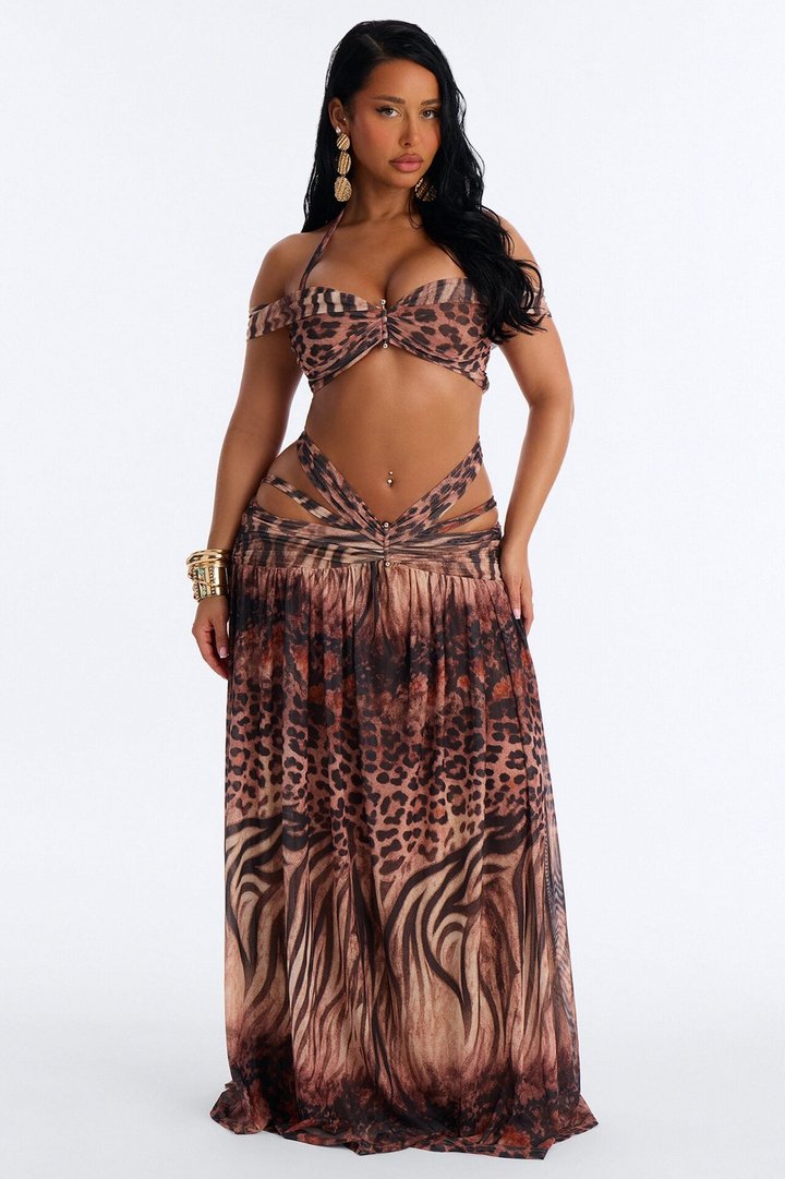 Hailey Animal Print Mesh Maxi Skirt Set - Brown Combo