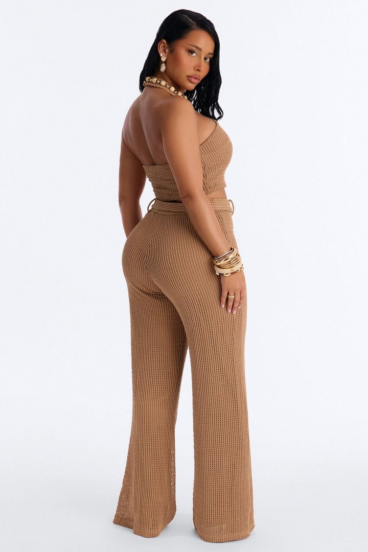Shoreline Chic Beaded Halter Crochet Pant Set - Camel