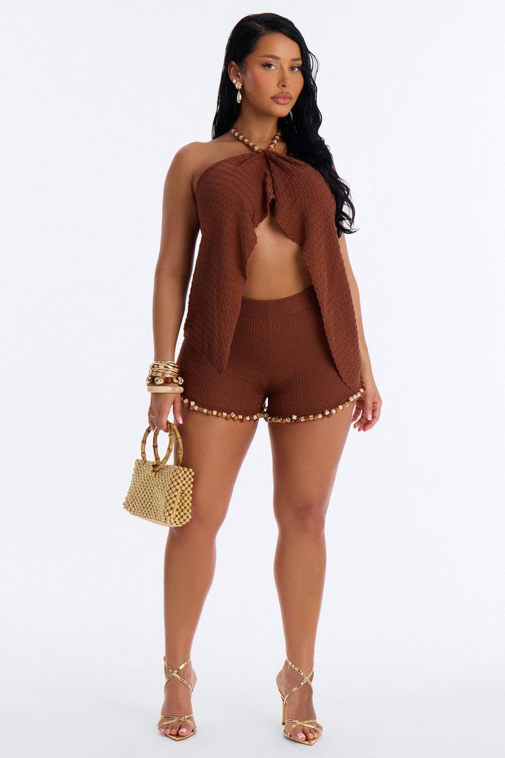 Kinsley Backless Beaded Short Set - Brown