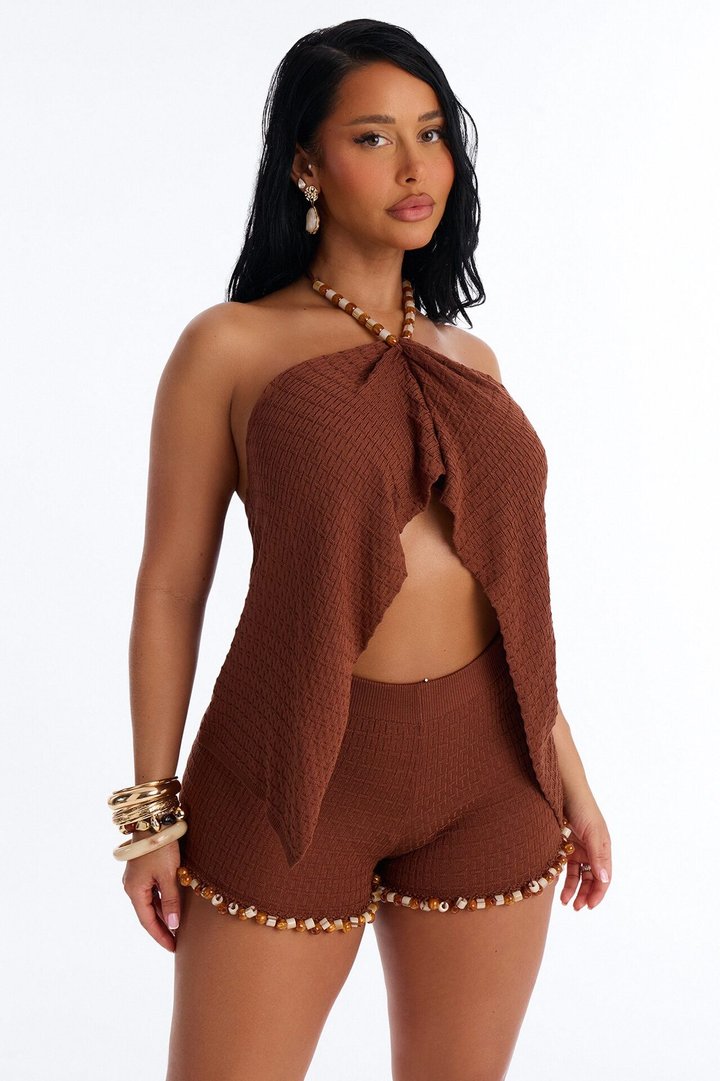 Kinsley Backless Beaded Short Set - Brown