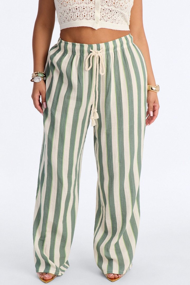 Tea Time Stripe Wide Leg Pant - Sage/combo
