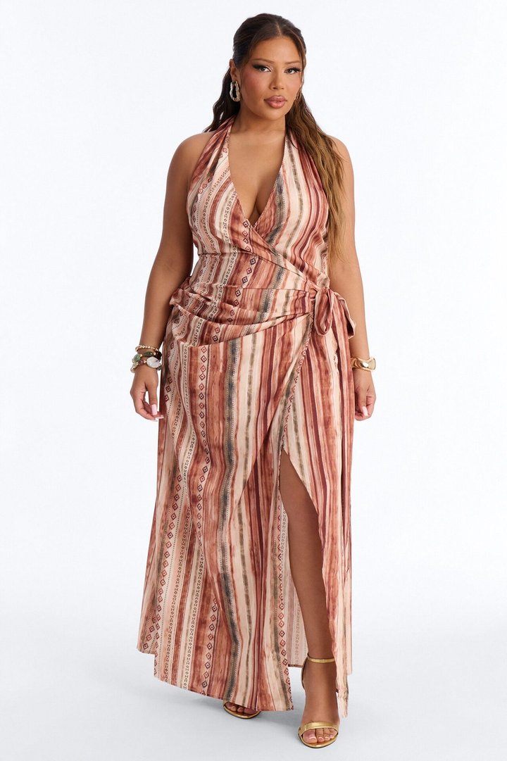 Laureen Wrap Halter Dress - Brown/combo