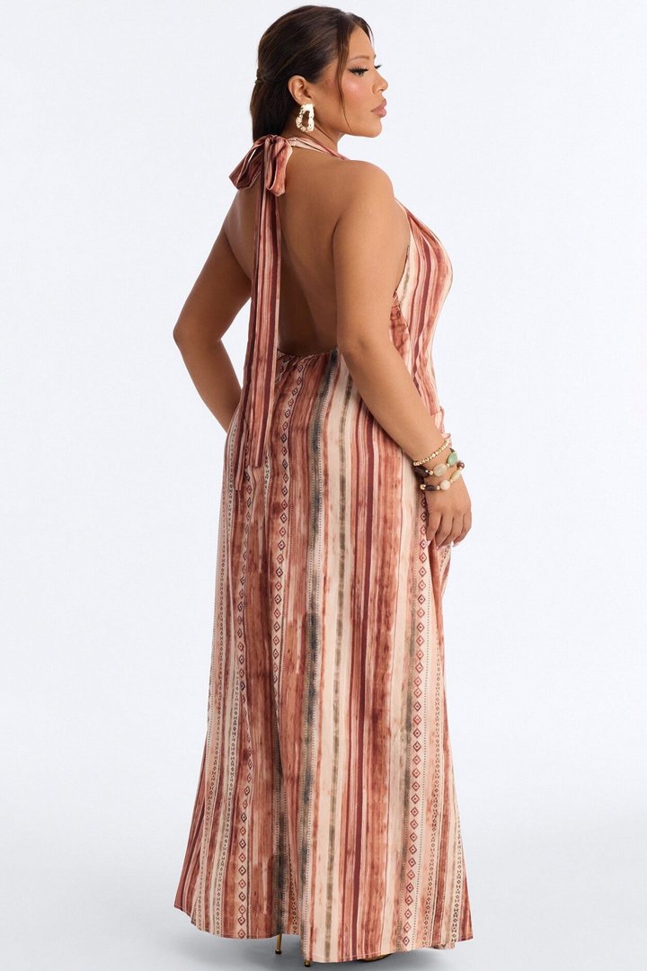 Laureen Wrap Halter Dress - Brown/combo