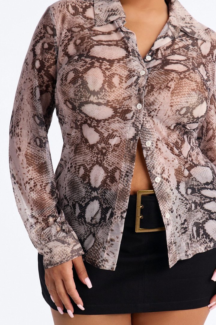 Veronica Sheer Snake Mesh Long Sleeve Shirt - Brown/combo