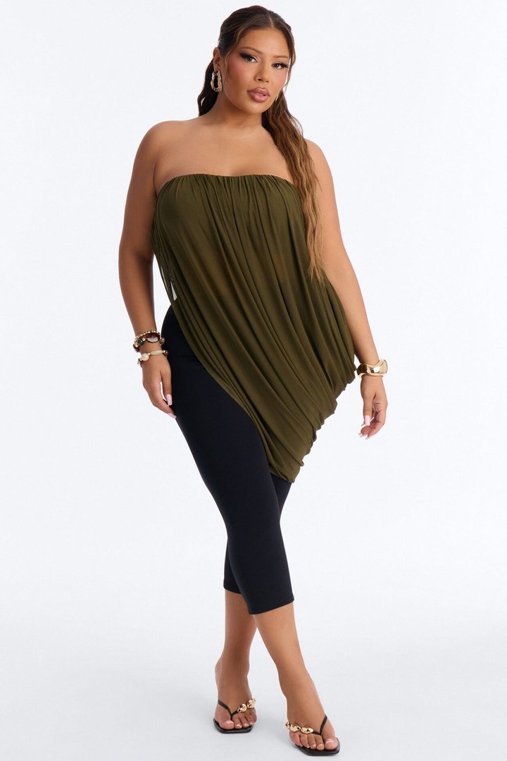 Bora Bora Nights Ruched Asymmetrical Mesh Top - Olive
