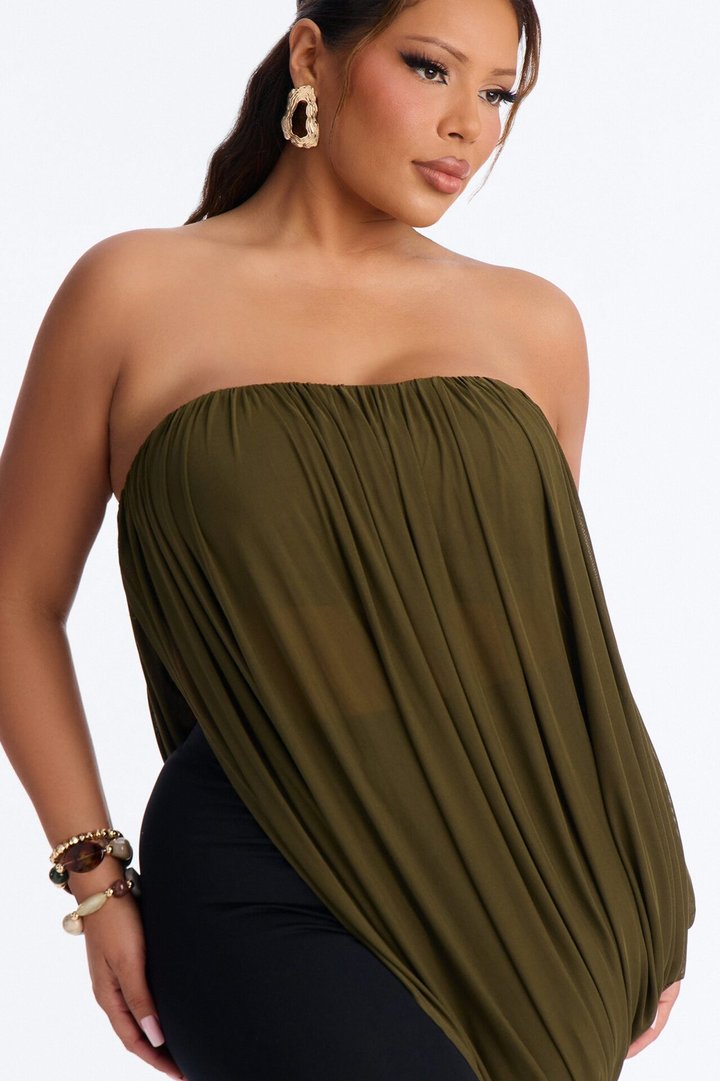 Bora Bora Nights Ruched Asymmetrical Mesh Top - Olive