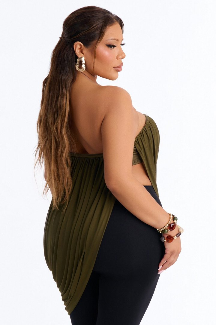 Bora Bora Nights Ruched Asymmetrical Mesh Top - Olive