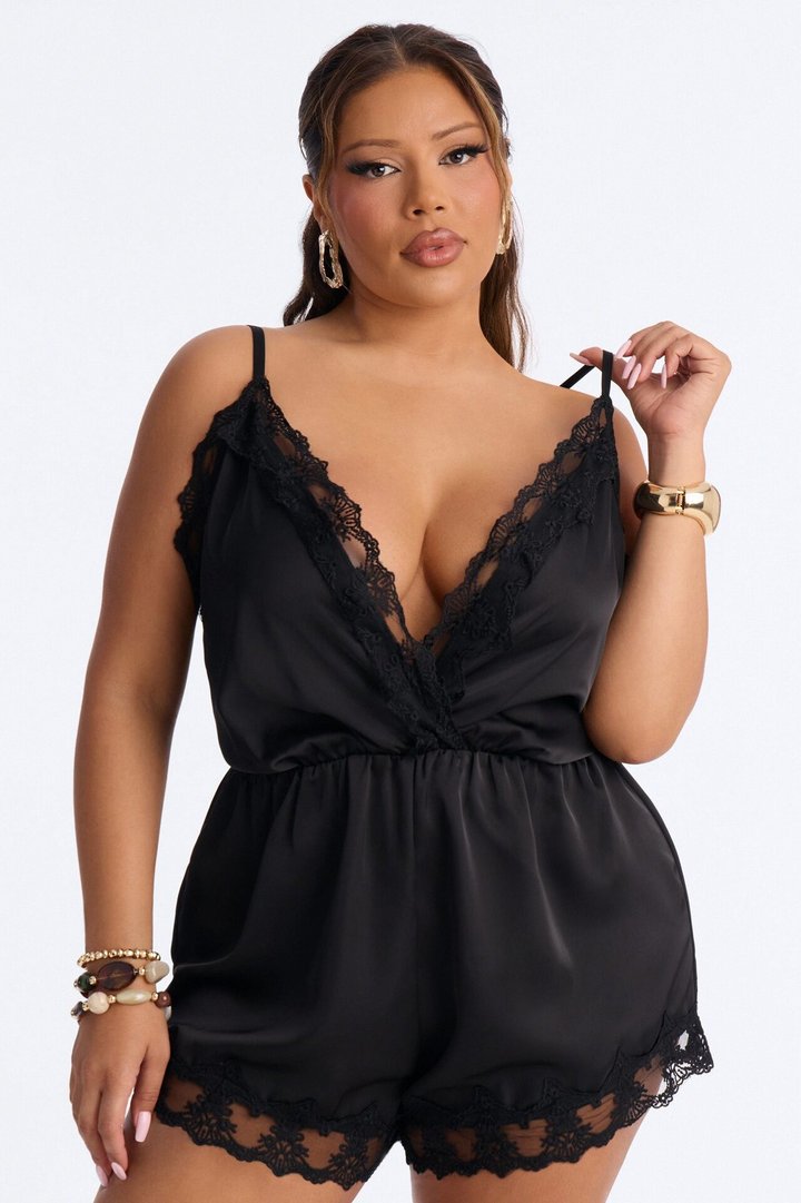 Rina Satin Lace Trim Micro Romper - Black
