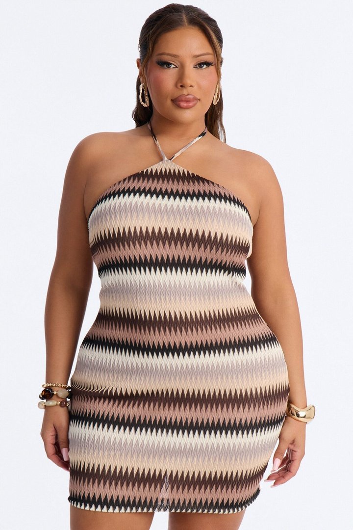 Off The Grid Chevron Crochet Mini Dress - Brown/combo