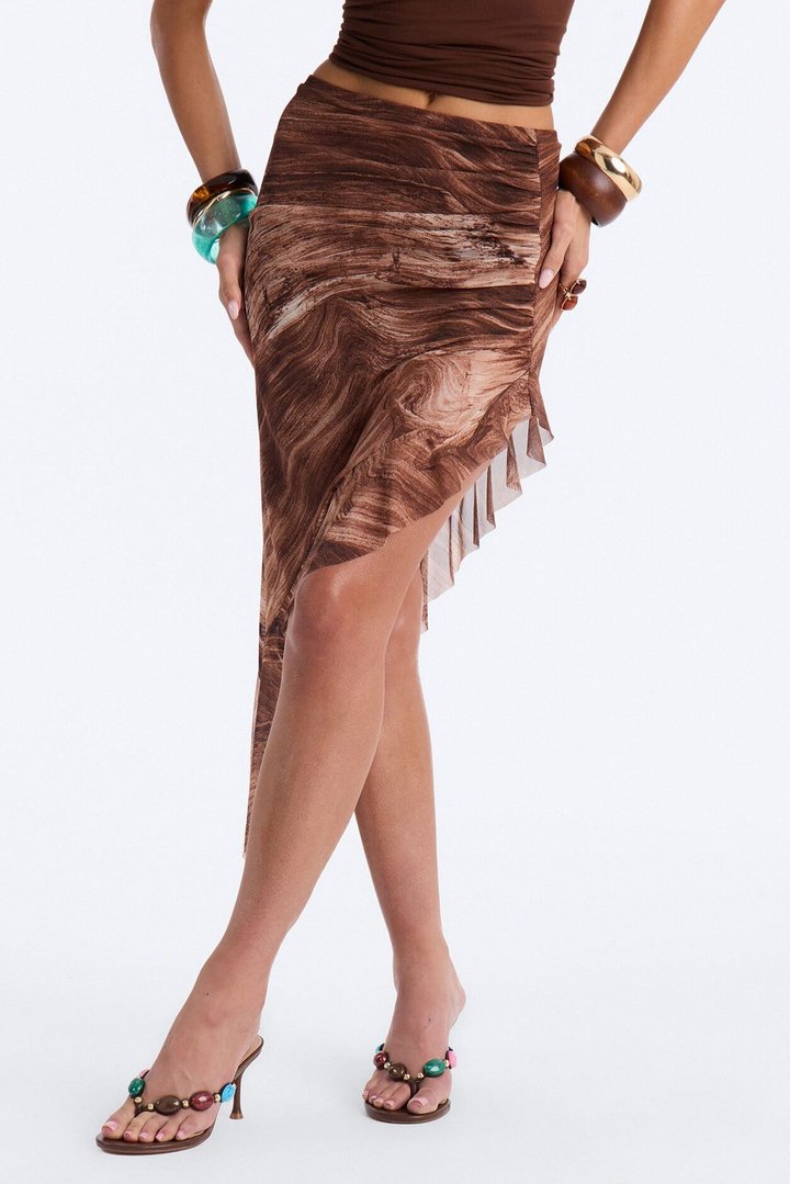 Desert Heat Asymmetrical Ruffle Mesh Midi Skirt - Brown/combo