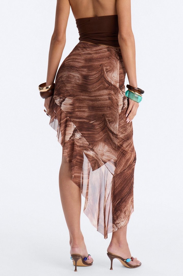Desert Heat Asymmetrical Ruffle Mesh Midi Skirt - Brown/combo