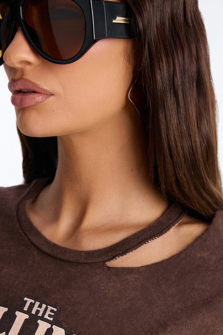 The Rolling Stones Americana Cut Out Crop Tee - Dark Brown