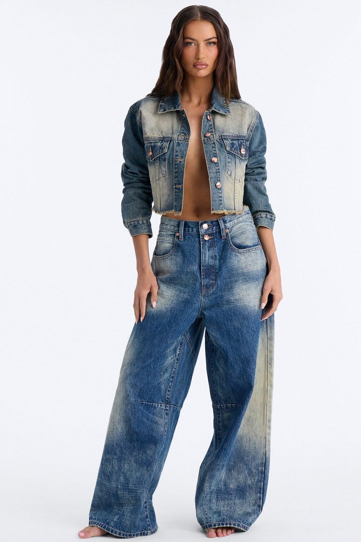 A Little Bossy Embellished Cropped Denim Jacket - Vintage Wash