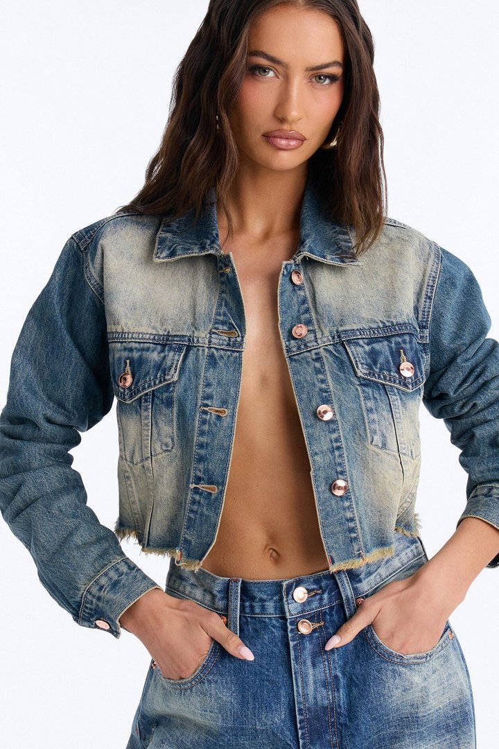 A Little Bossy Embellished Cropped Denim Jacket - Vintage Wash