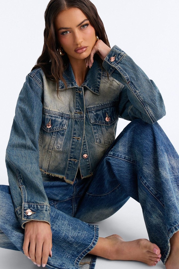 A Little Bossy Embellished Cropped Denim Jacket - Vintage Wash