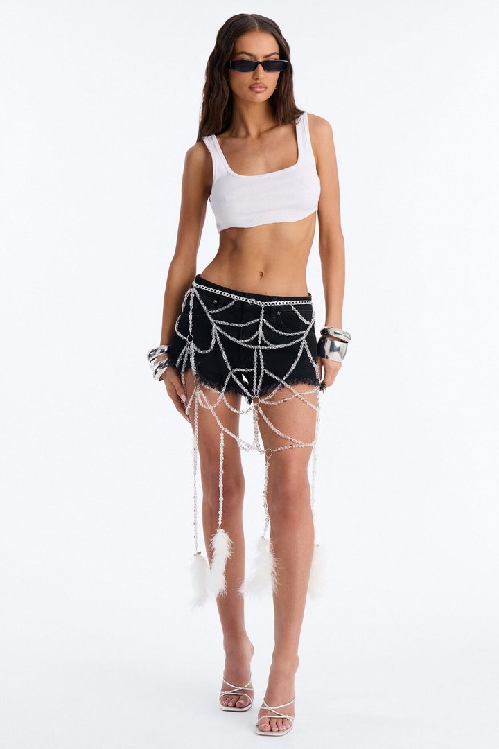 Waterfall Beads Layered Skirt Belt - White