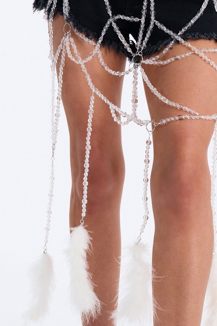 Waterfall Beads Layered Skirt Belt - White