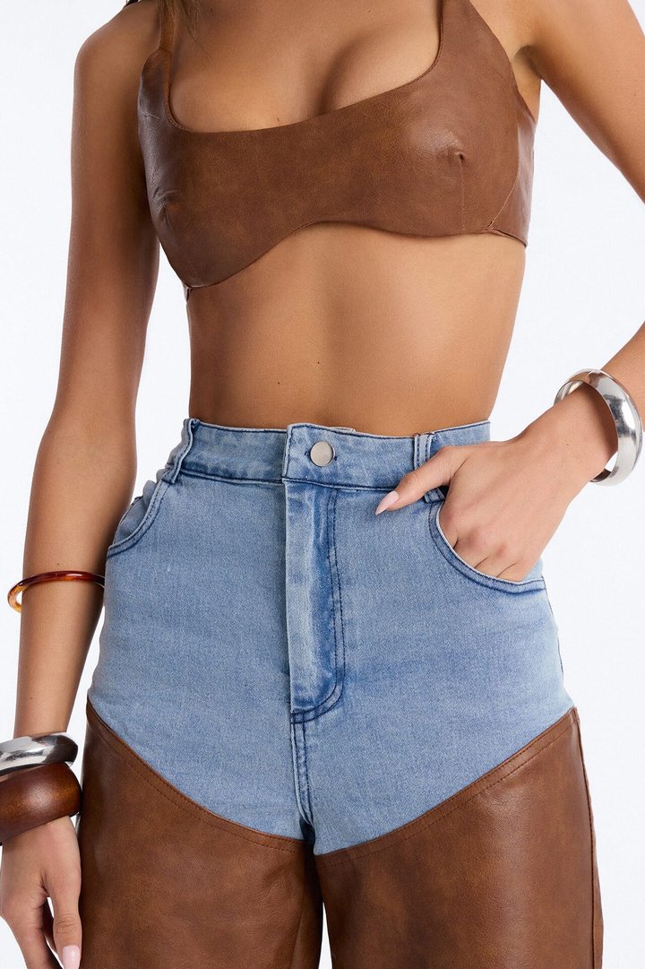 Avery Denim Contrast Faux Leather Pant Set - Brown