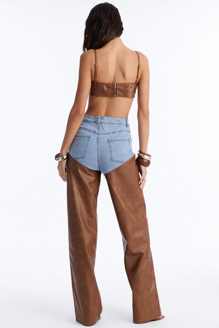 Avery Denim Contrast Faux Leather Pant Set - Brown