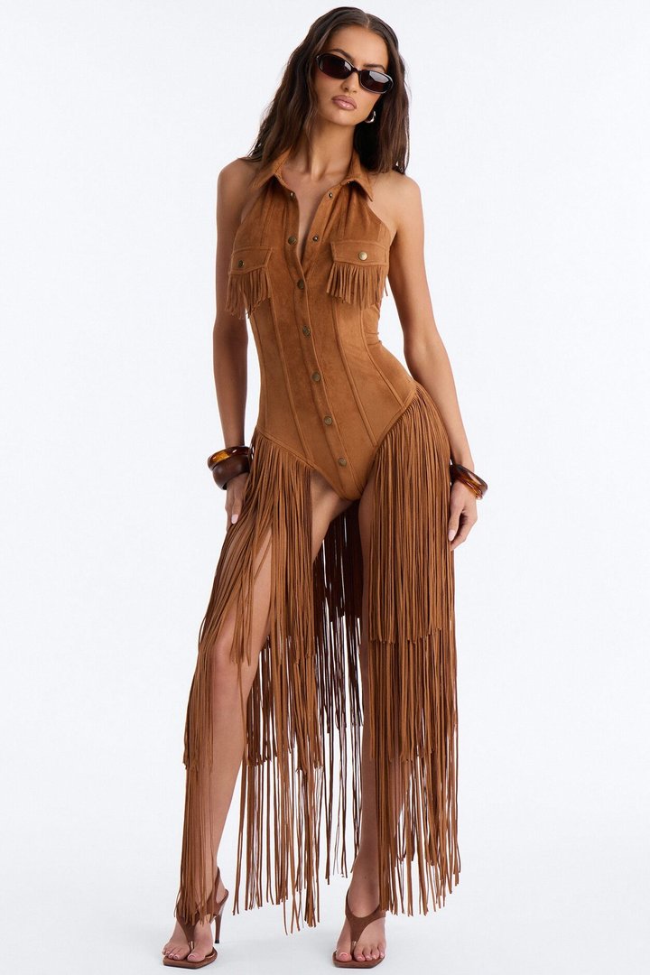 Bri Faux Suede Fringe Micro Romper - Brown