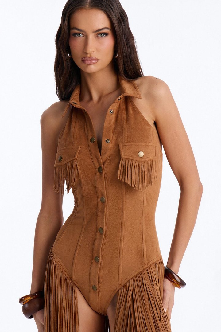 Bri Faux Suede Fringe Micro Romper - Brown