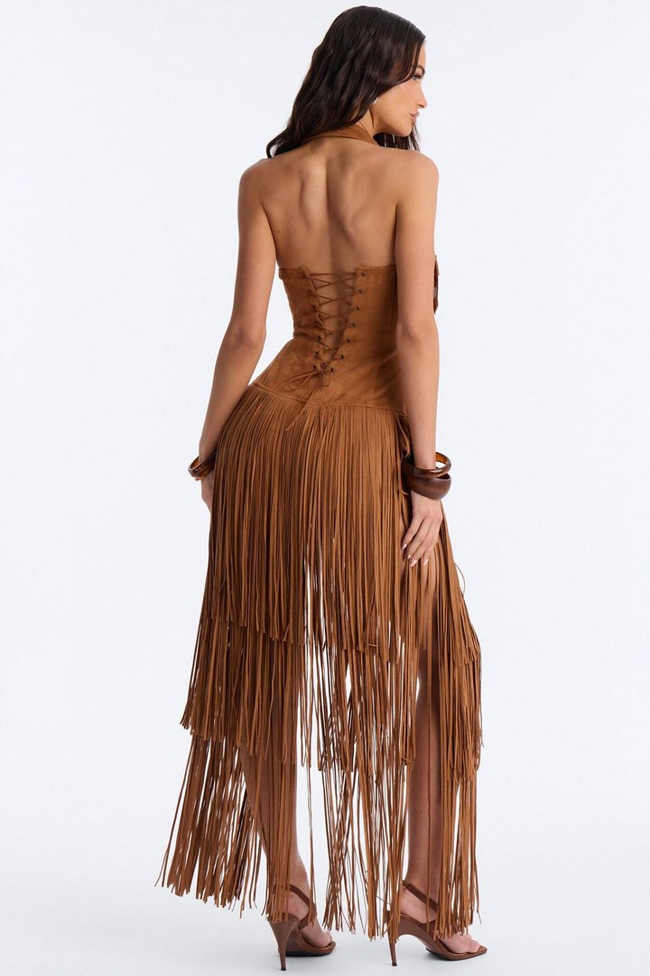 Bri Faux Suede Fringe Micro Romper - Brown