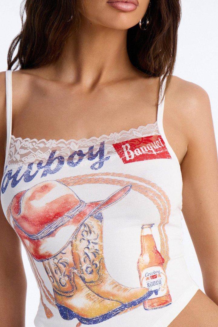 Cowboys Have Fun Lace Trim Tank Top - White/combo