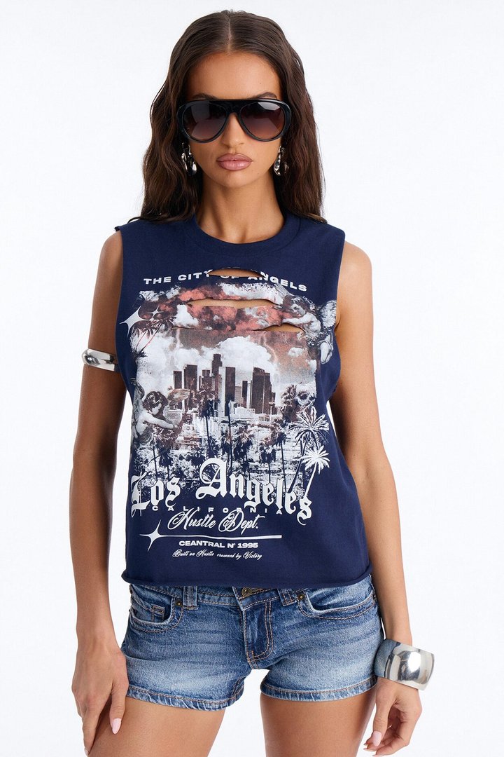 Los Angeles Slash Crop Muscle Tee - Navy