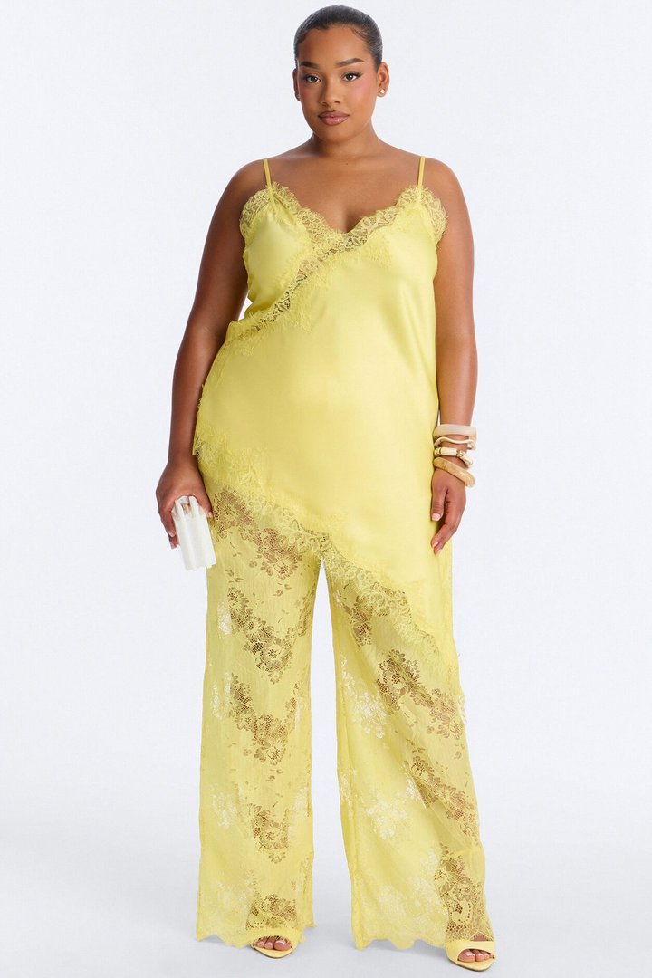 Yasmin Satin Lace Pant Set - Yellow