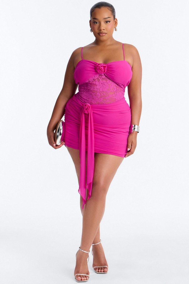Madison Lace Cut Out Mesh Mini Dress - Fuchsia