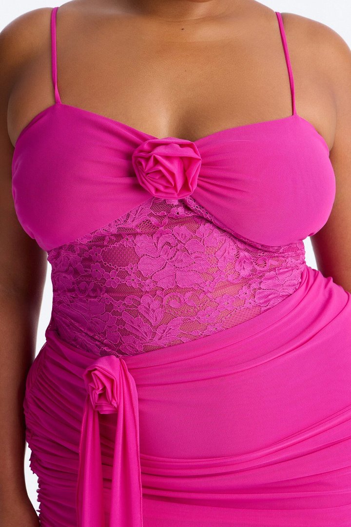 Madison Lace Cut Out Mesh Mini Dress - Fuchsia