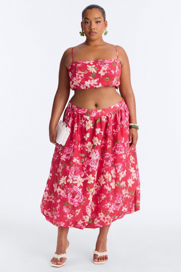 Yvete Floral Linen Bubble Hem Midi Skirt - Pink/combo