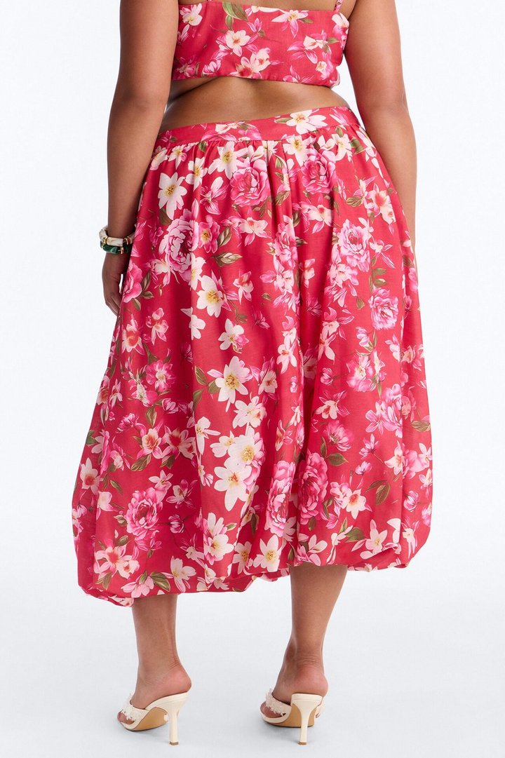 Yvete Floral Linen Bubble Hem Midi Skirt - Pink/combo