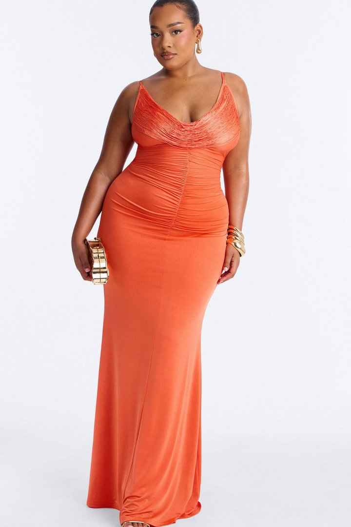 Sofia Ruched Fringe Maxi Dress - Orange