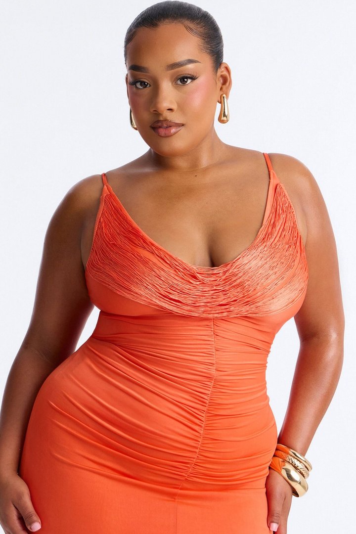 Sofia Ruched Fringe Maxi Dress - Orange