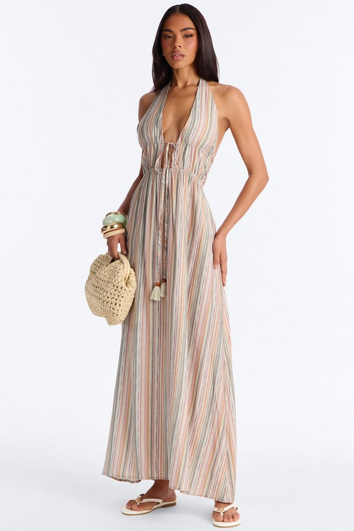 Masella Deep Neckline Maxi Dress - Sage/combo