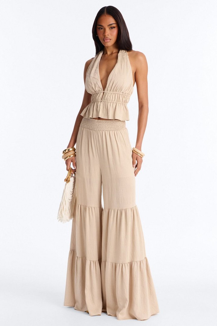 Jaysa Linen Halter Tiered Pant Set - Taupe