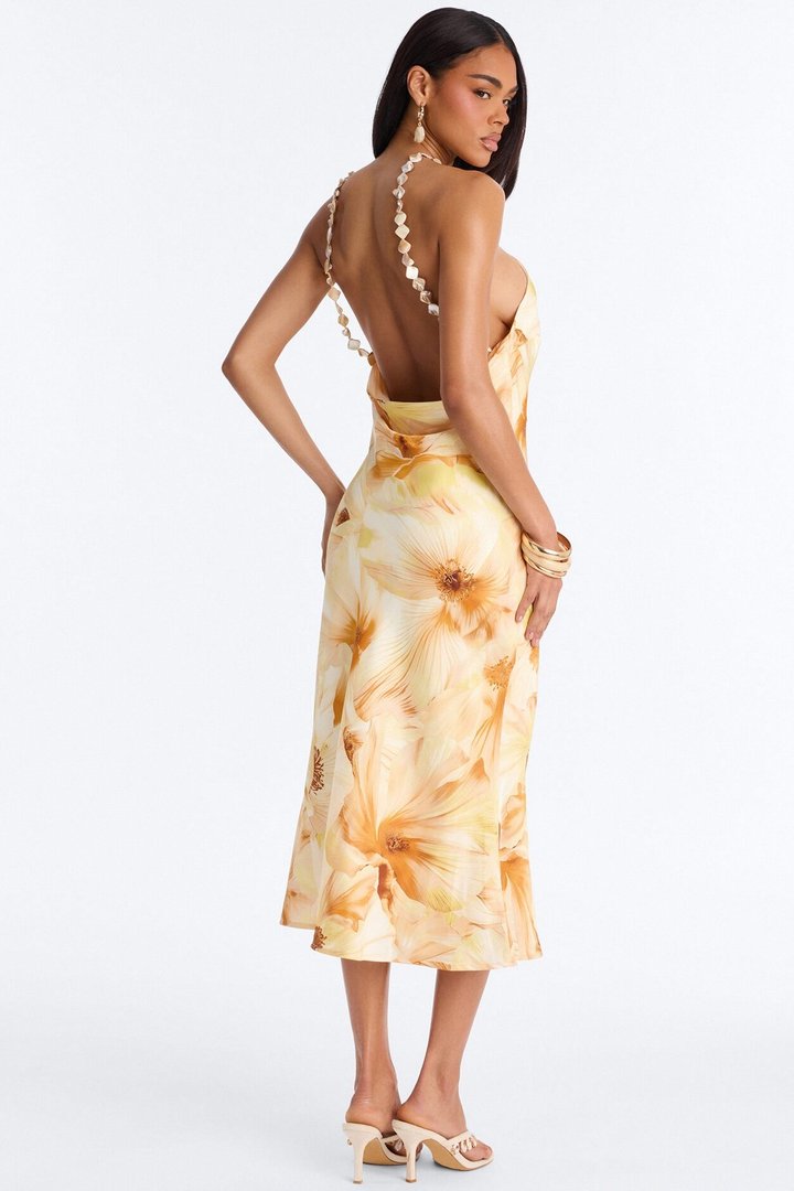 Chiara Floral Satin Midi Dress - Yellow