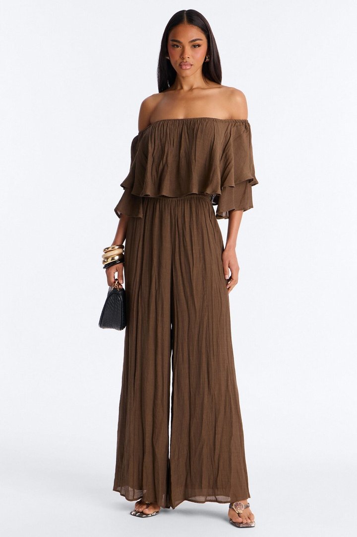 Off To Brunch Ruffle Wide Leg Jumpsuit - Chocolate