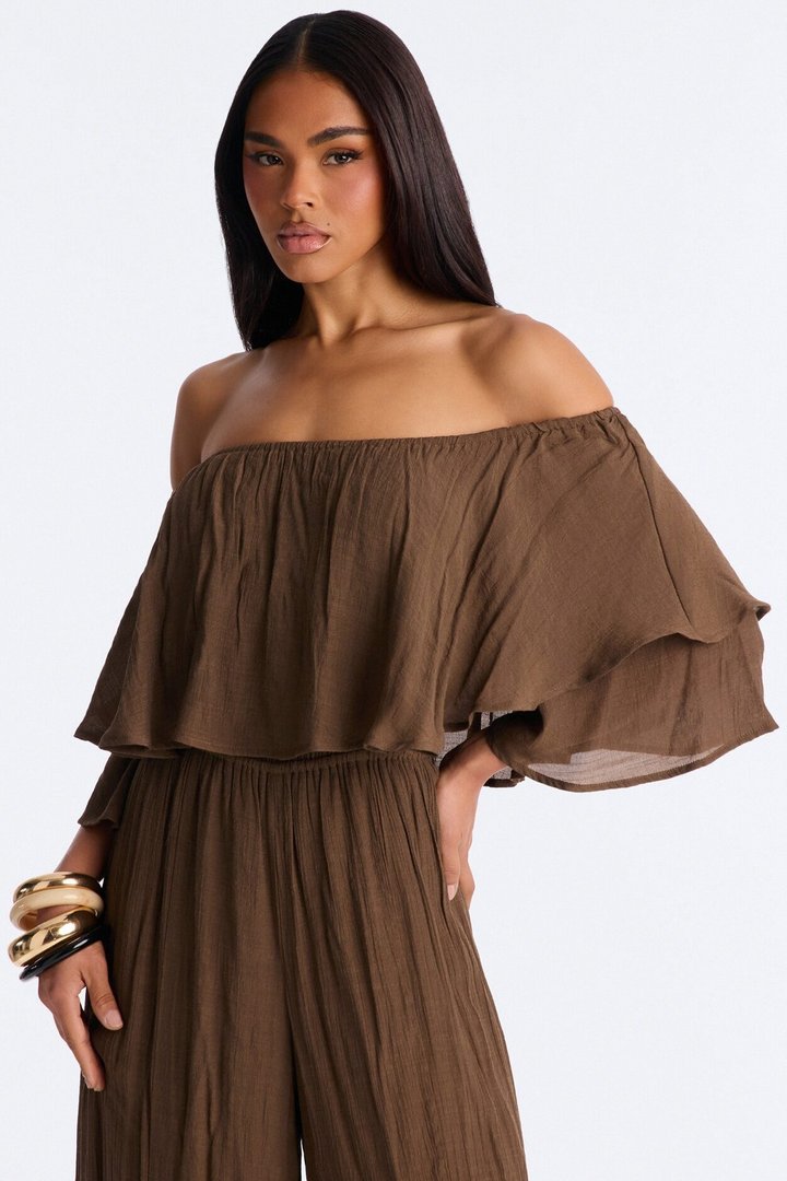 Off To Brunch Ruffle Wide Leg Jumpsuit - Chocolate