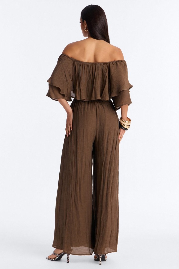 Off To Brunch Ruffle Wide Leg Jumpsuit - Chocolate