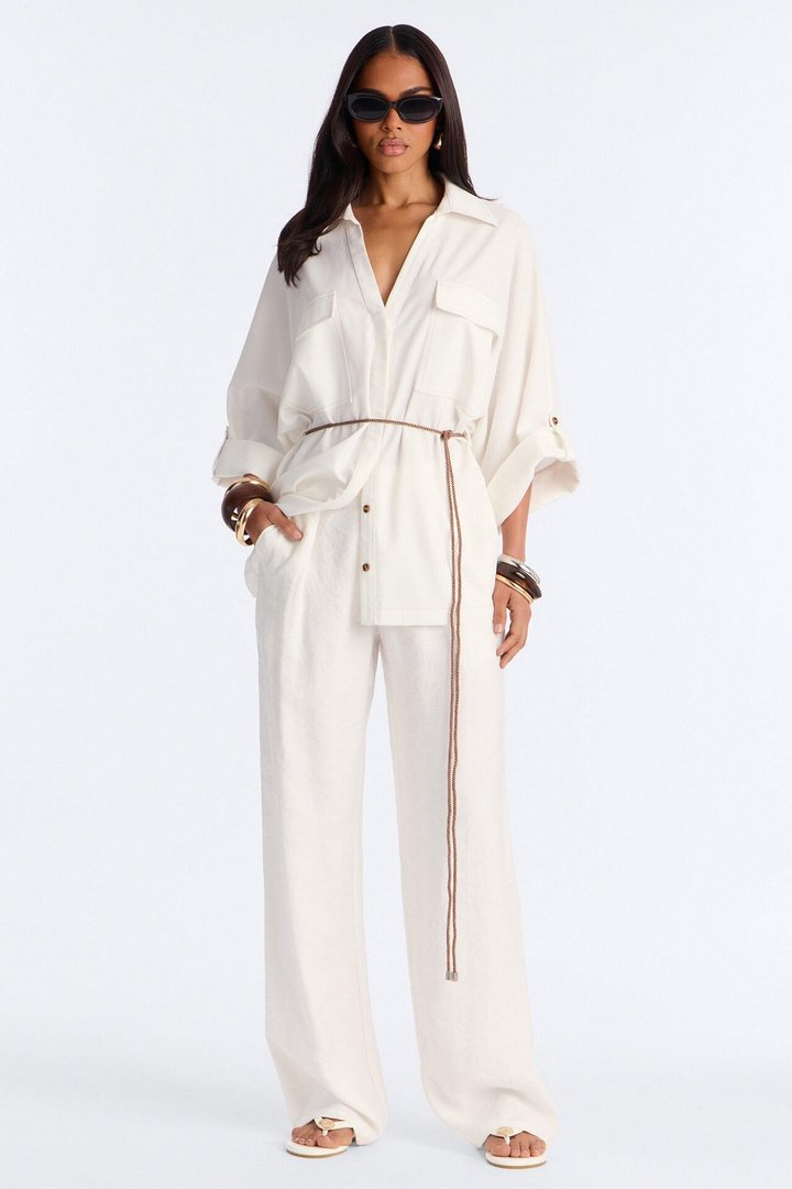 Casual Class Belted Linen Shirt - White