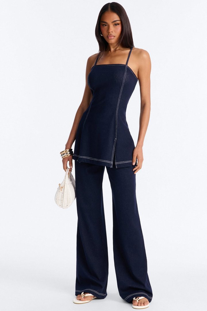 Diana Knit Denim Pant Set - Dark Wash