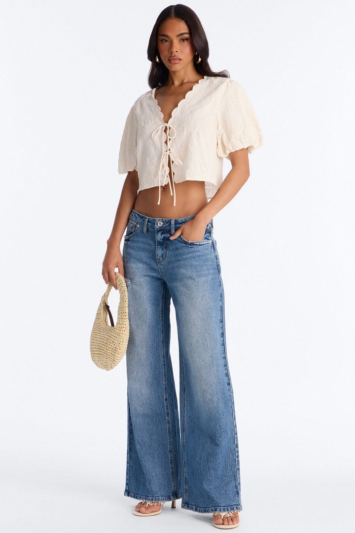 Mira Embroidered Tie Front Linen Top - Cream