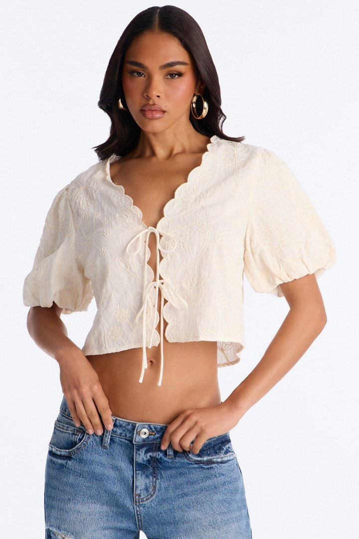 Mira Embroidered Tie Front Linen Top - Cream