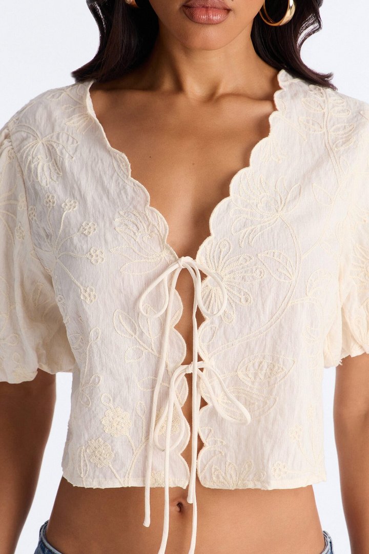 Mira Embroidered Tie Front Linen Top - Cream