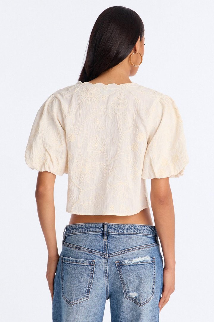 Mira Embroidered Tie Front Linen Top - Cream