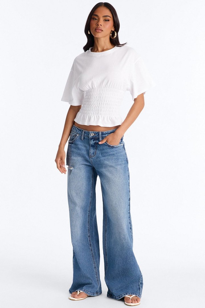 Delaney Smocked Short Sleeve Top - White