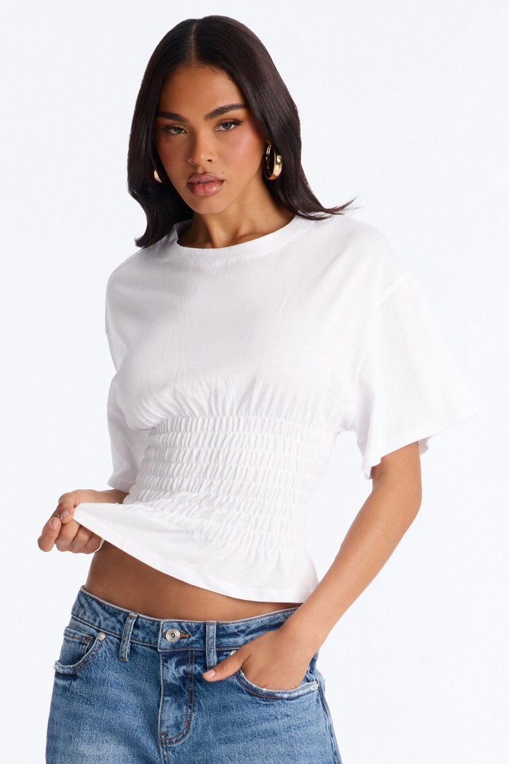 Delaney Smocked Short Sleeve Top - White