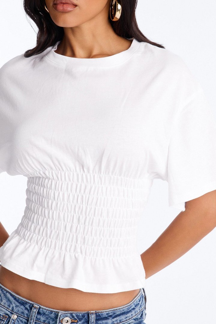 Delaney Smocked Short Sleeve Top - White